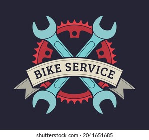 Vector bicycle vintage emblem with crossed wrench, gear and ribbon. Blue background.