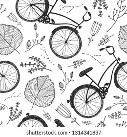 Vector bicycles, florals and leaves hand drawn seamless pattern. Vintage doodle style background. Spring, summer, autumn 