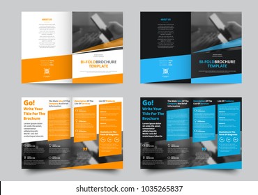 Vector bifold brochure for business and advertising. The template is black and white with blue and yellow dice for information. Design for printing and advertising.