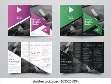 Vector bifold brochure for business with a place for photos and triangular design elements. A modern template in white and black for printing and printing.