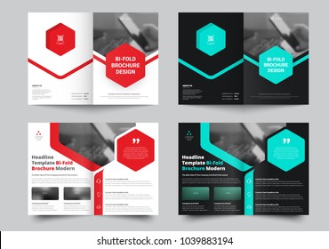 Vector bi-fold brochure for with a place for photos and hexagonal colored elements. Template in white and black for business, reports, advertising and printing.