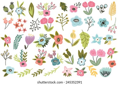 Vector big amazing set of lovely flowers in pastel colors.