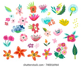 Vector big amazing set of lovely flowers in bright colors.