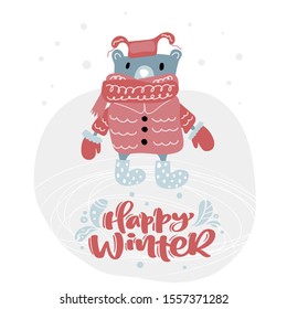 Vector Big bear and calligraphic lettering text Happy Winter. Christmas greeting Card, Seasons illustration in scandinavian style