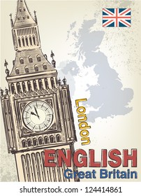 Vector Big Ben and map of Great Britain