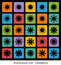 Vector big black sun icons set isolated on a colorful square