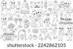 Vector big black and white wedding elements set. Cute marriage line clipart and scenes with bride and groom, bridesmaids, rings, cake. Just married couple collection. Funny ceremony coloring page

