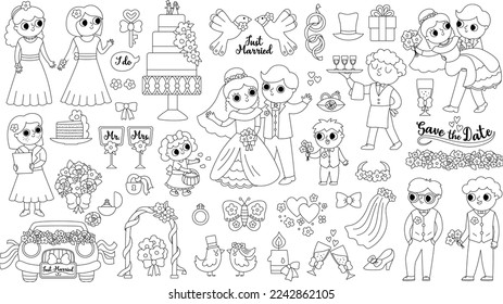 Vector big black and white wedding elements set. Cute marriage line clipart and scenes with bride and groom, bridesmaids, rings, cake. Just married couple collection. Funny ceremony coloring page
