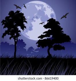 vector big blue moon and silhouettes of trees