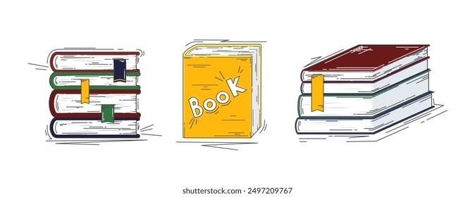 Vector big books icons set hand drawn. Cartoon style textbooks stacks. Many bright bookmarks. Cute flat outline signs. Fiction literature. Educational concept. Funny art for back to school kids card
