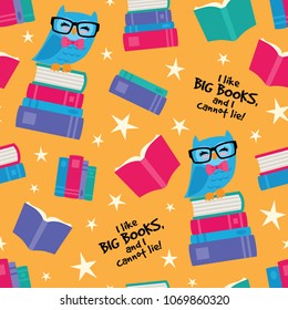Vector Big Books Owl Seamless Pattern Background. Surface pattern design perfect for fabric, school, kids, scrapbooking, and home decor projects.