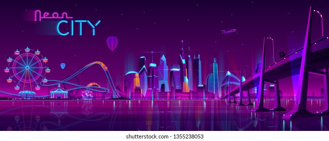 Vector big bridge to amusement park. Modern megapolis on river and Ferris wheel. Night architecture background with glowing buildings in cartoon style. Urban skyscrapers in neon colors.