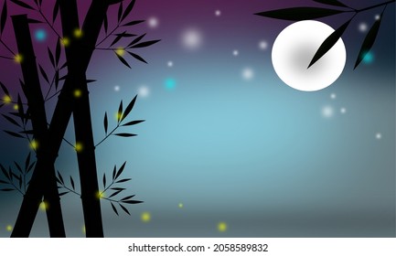 Vector de una gran luna llena brillante en un cielo de tono oscuro detrás de las siluetas de los árboles de bambú