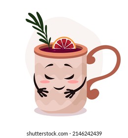 Vector big brown cup with hot drink. Mulled wine with rosemary and orange. Funny cartoon mug character with smile. 