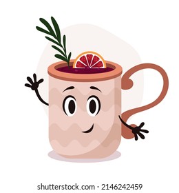 Vector big brown cup with hot drink. Mulled wine with rosemary and orange. Funny cartoon mug character with smile. 