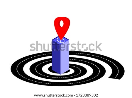 vector big building in center with red check point on top on black circle road isolate on white background