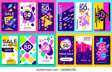Vector big bundle of fashion template instagram story with bright abstract elements on color background. Social media design with text for web, site, sale banner, mobile app, poster