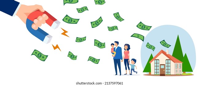 Vector of a big businessman hand with magnet attracting money from a family home