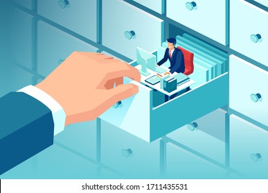 Vector of a big businessman hand pulling a closet compartment box with a sitting inside working employee