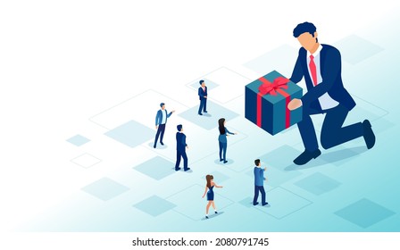 Vector of a big businessman offering a gift box to a group of people men and women 