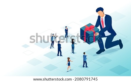 Vector of a big businessman offering a gift box to a group of people men and women 