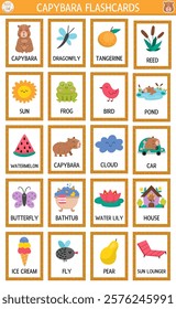 Vector big capybara flash cards set with butterfly, watermelon, cloud, water lily, bird. English language game with cute animals for kids. Capibara flashcards. Simple educational printable worksheet