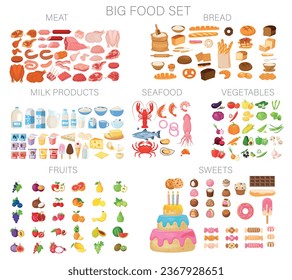 Vector big cartoon set of food. Concept of food and products in a store. Elements for your design