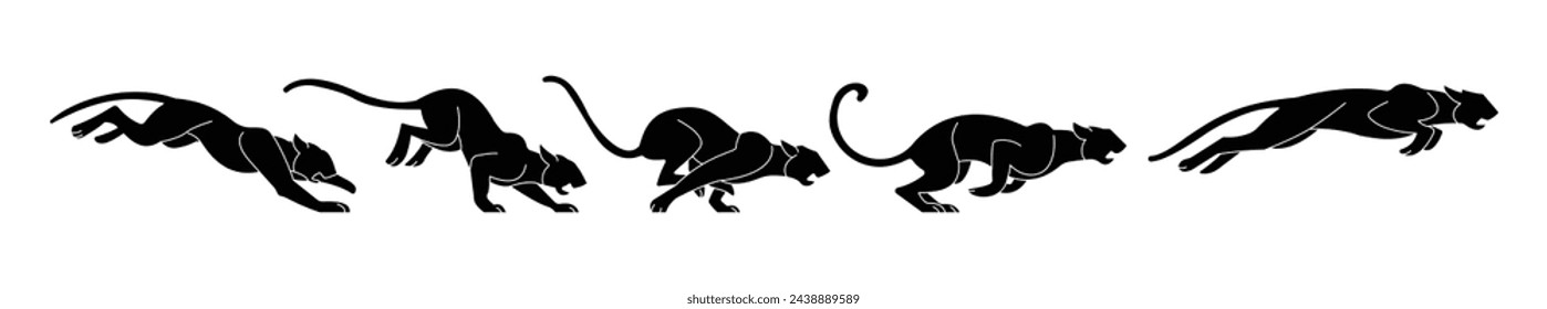 vector big cat jump run and pounce. puma cheetah jaguar lepoard phanter. black isolated white background