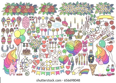 vector big celebration objects set. Doodles for kids. Hand drawn clipart. Fashion vintage style. Graphics isolated on transparent background.  Print arts. Cartoon pastel fairy collection. Kawaii food