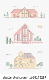 Vector de gran ciudad e ilustración de ciudad. Iconos coloridos. Casas de estilo urbano lineal.