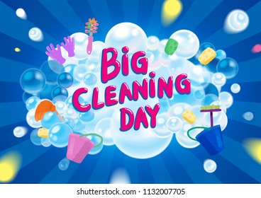Vector Big Cleaning Day Colorful illustration. Sketchy design background with objects and symbols.