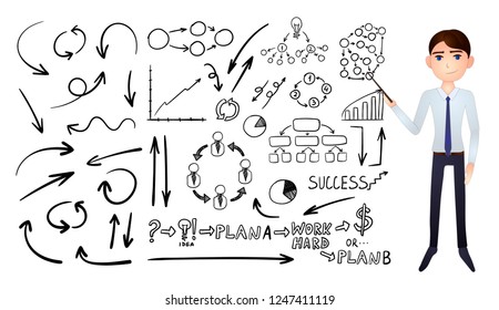 Vector Big Collection of Business Hand Drawn Doodle Elements Isolated on White Background, Black Drawings and Cartoon Businessman Pointing on Them.