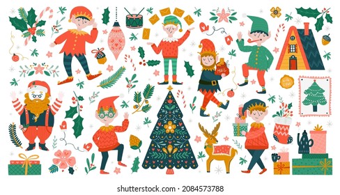 Vector big collection with  Christmas elves, Santa Clause, holiday gifts, deer and scandinavian decorations isolated on white background. Santa's helpers holding holiday gifts and envelopes. 