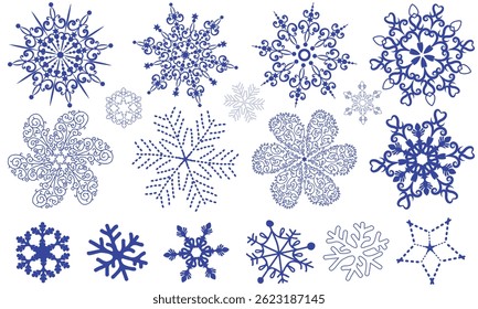 Vector big collection christmas handwork dark blue monochome snowflakes isolated on a transparent background