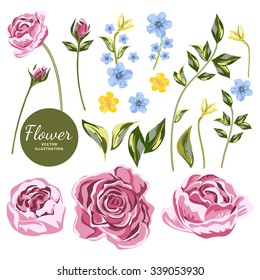 Vector Big Collection Flowers. Blue and yellow wildflowers and pink roses flowers set. Individual objects Flowers for your design wedding invitations, save the date cards, fabric, wallpaper, scrapbook