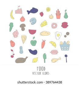 Vector big collection of food icons - fruit, vegetable, fish, meat, pastries, etc. Flat style icons isolated on white background. Vector icons.
