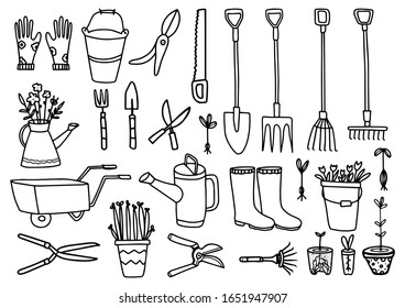 Vector big collection of gardening tools. Rake,shovel,wheelbarrow,seedlings,boots,gloves,pruner,bailer in hand drawn doodle style isolated on white background. Vector outline stock illustration.