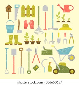 Vector big collection of gardening tools. Rack, pitchfork, hose, wheelbarrow, watering can, cutter, fork, lawn, pruner, secateurs, shovel, spade and more.