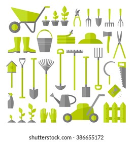 Vector big collection of gardening tools. Rack, pitchfork, hose, wheelbarrow, watering can, cutter, fork, lawn, pruner, secateurs, shovel, spade and more.