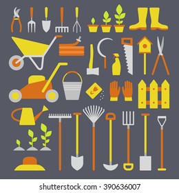 Vector big collection of gardening tools. Rack, pitchfork, hose, wheelbarrow, watering can, cutter, fork, lawn, pruner, secateurs, shovel, spade and more.