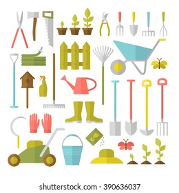 Vector big collection of gardening tools. Rack, pitchfork, hose, wheelbarrow, watering can, cutter, fork, lawn, pruner, secateurs, shovel, spade and more.