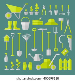 Vector big collection of gardening tools. Rack, pitchfork, hose, wheelbarrow, watering can, cutter, fork, lawn, pruner, secateurs, shovel, spade and more.