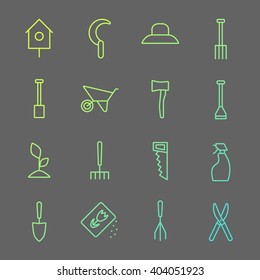 Vector big collection of gardening tools line icons.