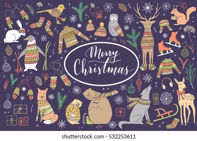 Vector big collection of hand drawn Christmas elements. Cute funny animal characters, elegant phrase Merry Christmas.