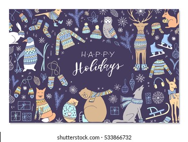 Vector big collection of hand drawn Christmas elements. Cute funny animal characters, elegant phrase Happy Holidays.