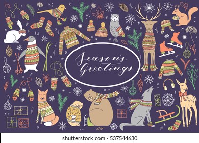 Vector big collection of hand drawn Christmas elements. Cute funny animal characters, elegant phrase Merry Christmas.