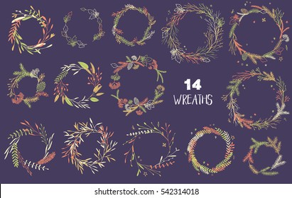 Vector big collection of hand drawn Christmas wreaths. Elegant botanical elements, twigs. 