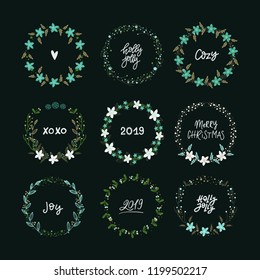 Vector big collection of hand written christmas phrases and quotes. Elegant calligraphic lettering phrases with wreaths isolated.