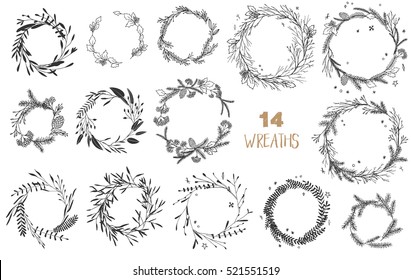 Vector big collection of hand written christmas phrases and quotes. Elegant calligraphic lettering phrases with pastel wreaths. 