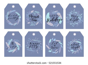 Vector big collection of hand written christmas phrases and quotes. Elegant calligraphic lettering tags, cards. 